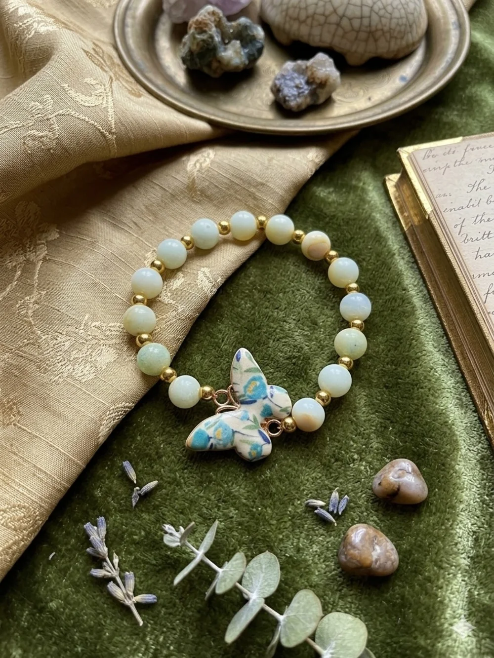 Handmade Green Beaded Butterfly Bracelet